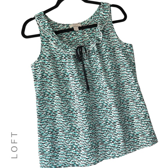 LOFT | NWOT SLEEVELESS RUFFLE TIE NECK TOP GREEN & BLACK GRAPHIC PRINT | SMALL - Picture 1 of 8